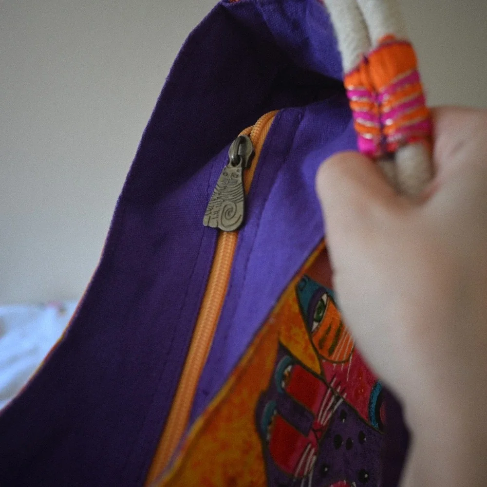 Laurel Burch Purple Orange Cat Art Fabric Shoulder Hobo Bag Wrapped Handle